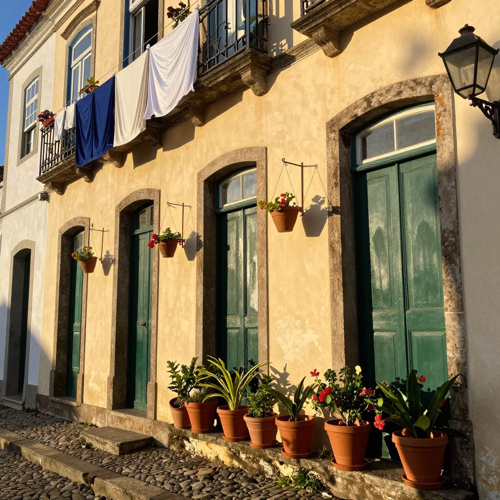 Sunlit Colonial Facade in Salvador Brazil with Hanging Laundry and Flowerpots in in Salvador, Brazil