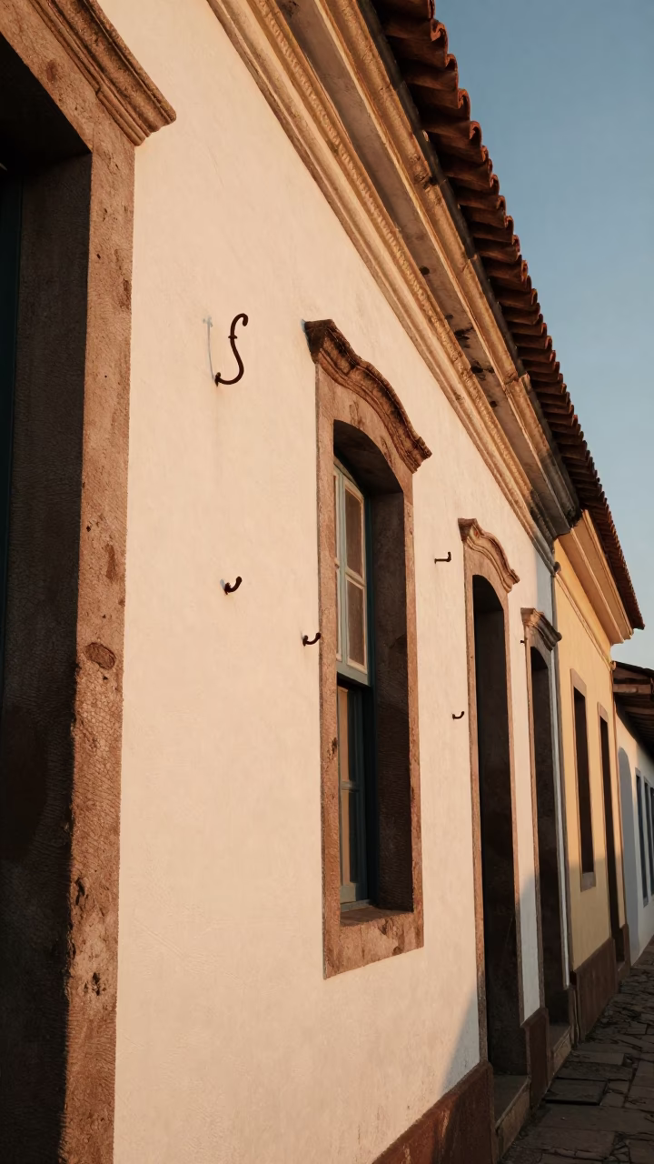 Sunlit Colonial Facade in Salvador Brazil with Iron Hooks and Morning Light in in Salvador, Brazil