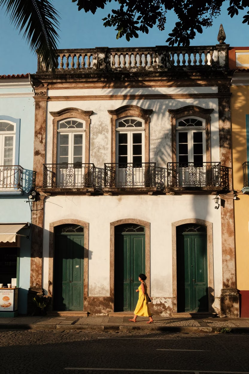 Sunlit Colonial Facade in Salvador Brazil with Leaf Shadows and Street Life in in Salvador, Brazil