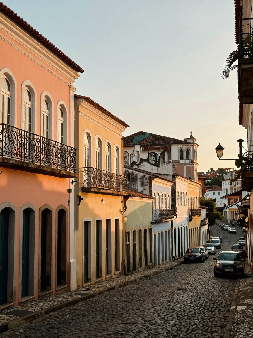Sunlit Colonial Facades and Busy Streets of Salvador Bahia Brazil Morning in in Salvador, Brazil