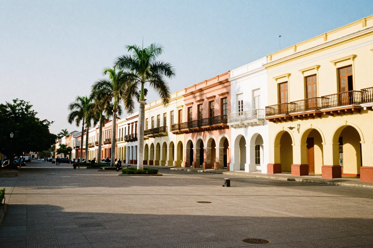 Sunlit Colonial Plaza in Cartagena Colombia with Palm Trees and Street Life in in Cartagena, Colombia