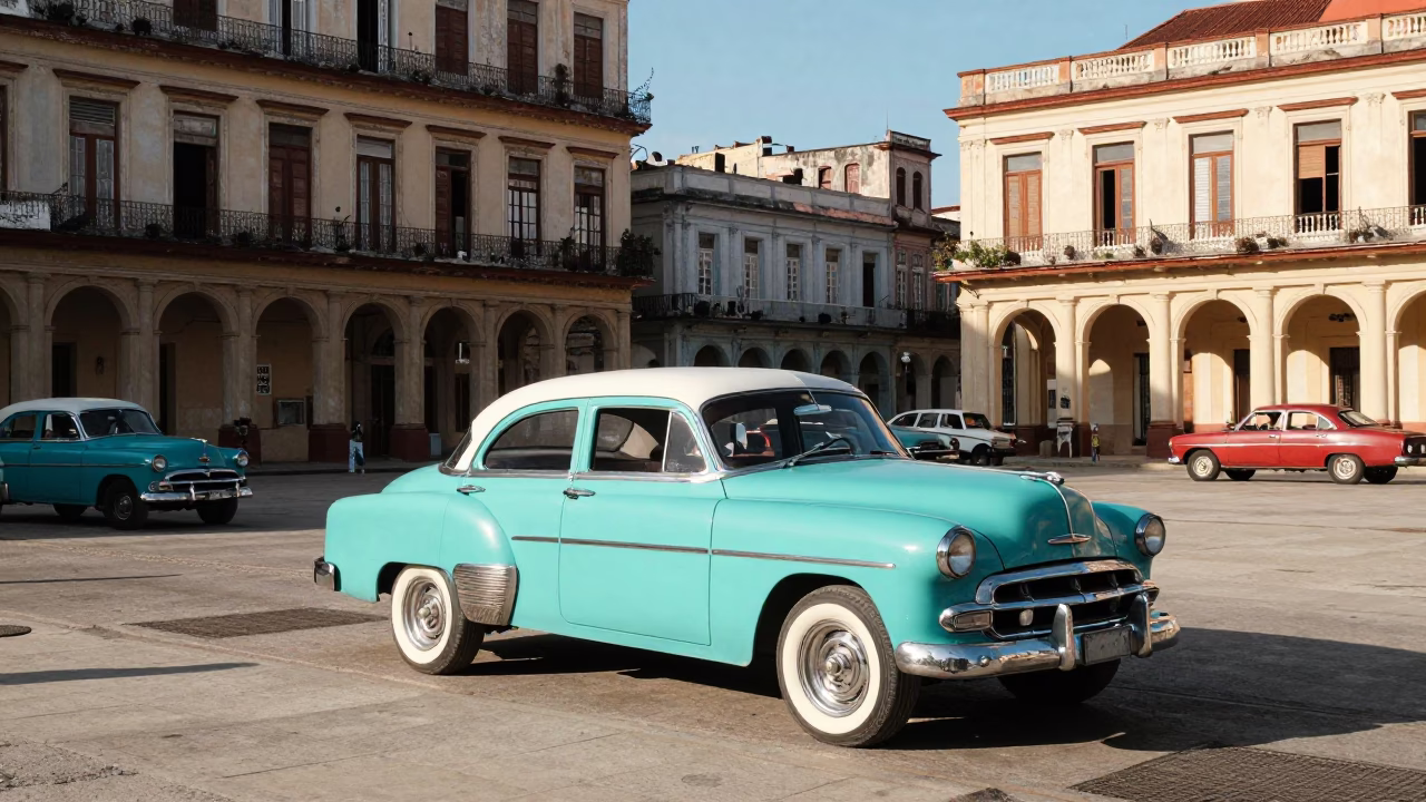 Sunlit Colonial Plaza in Havana Cuba with Vintage American Cars and Local Pedestrians in in Havana, Cuba