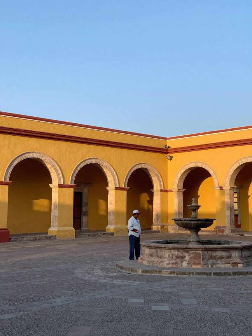 Sunlit Colonial Plaza in Merida Mexico with Street Vendor and Traditional Embroidery in in Merida, Mexico