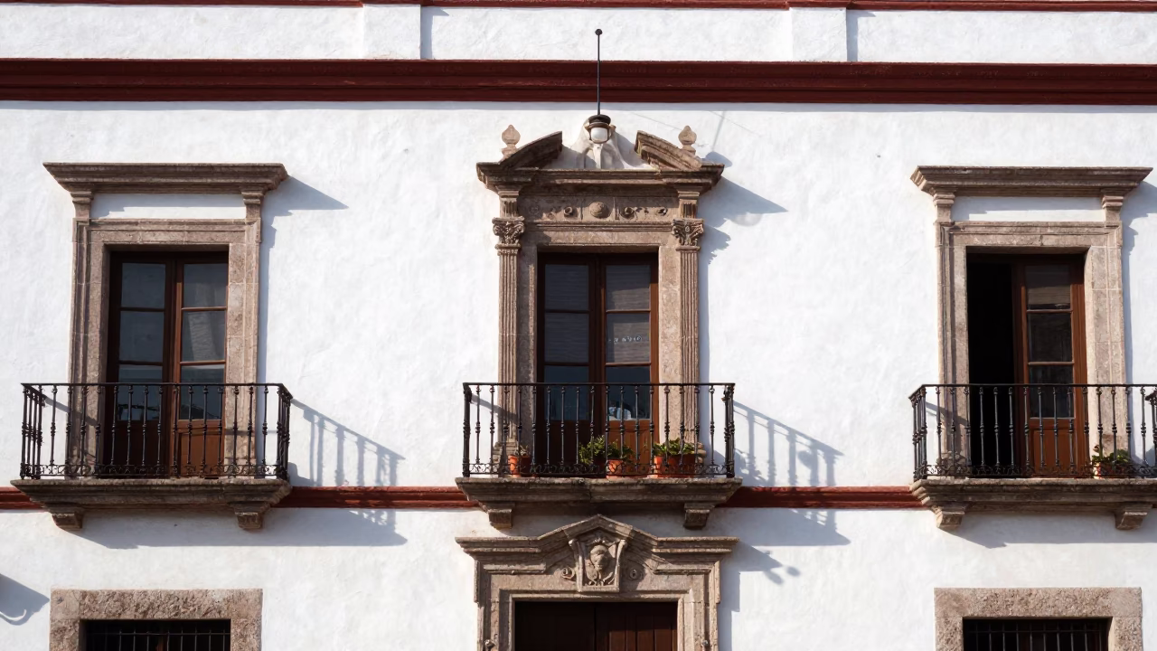 Sunlit Colonial Plaza in Merida Mexico with White Plaster Walls and Palm Trees in in Merida, Mexico