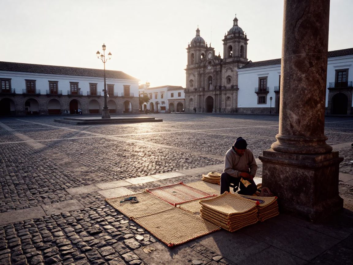 Sunlit Colonial Plaza in Quito Ecuador with Woven Mats and Stone Architecture in in Quito, Ecuador