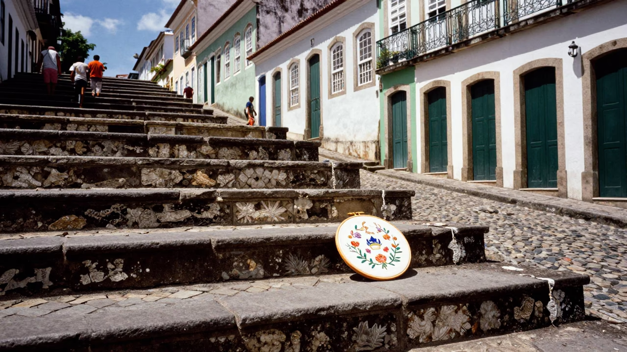 Sunlit Colonial Staircase in Salvador Brazil with Embroidery Hoop Detail in in Salvador, Brazil