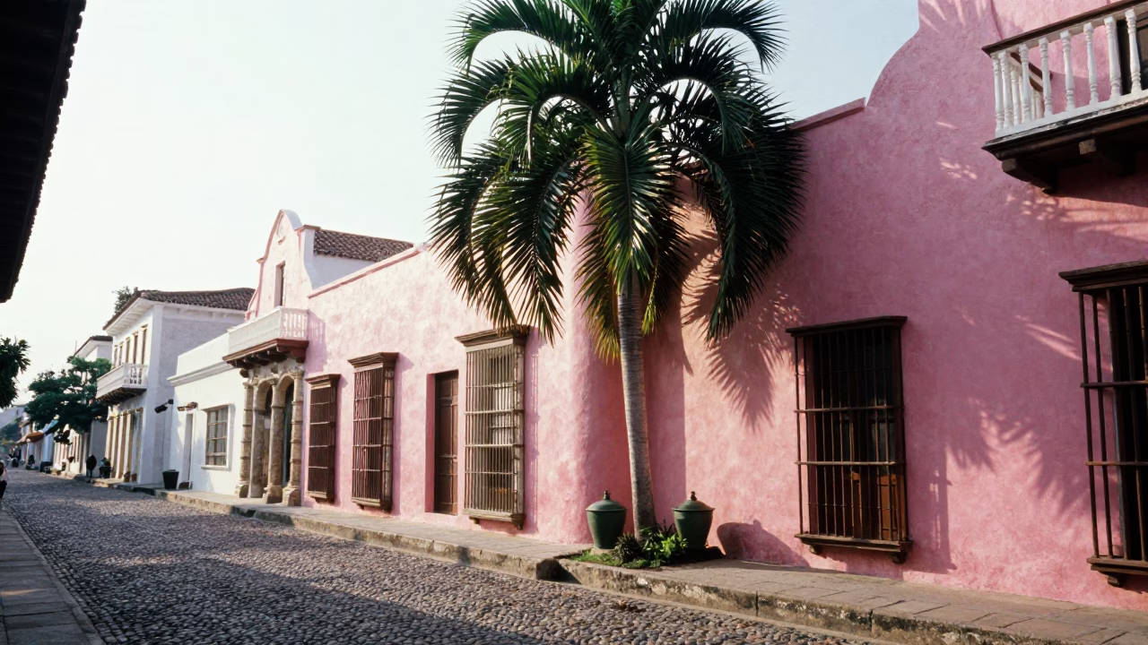 Sunlit Colonial Street in Cartagena Colombia with Date Palm and Watering Bottle in in Cartagena, Colombia
