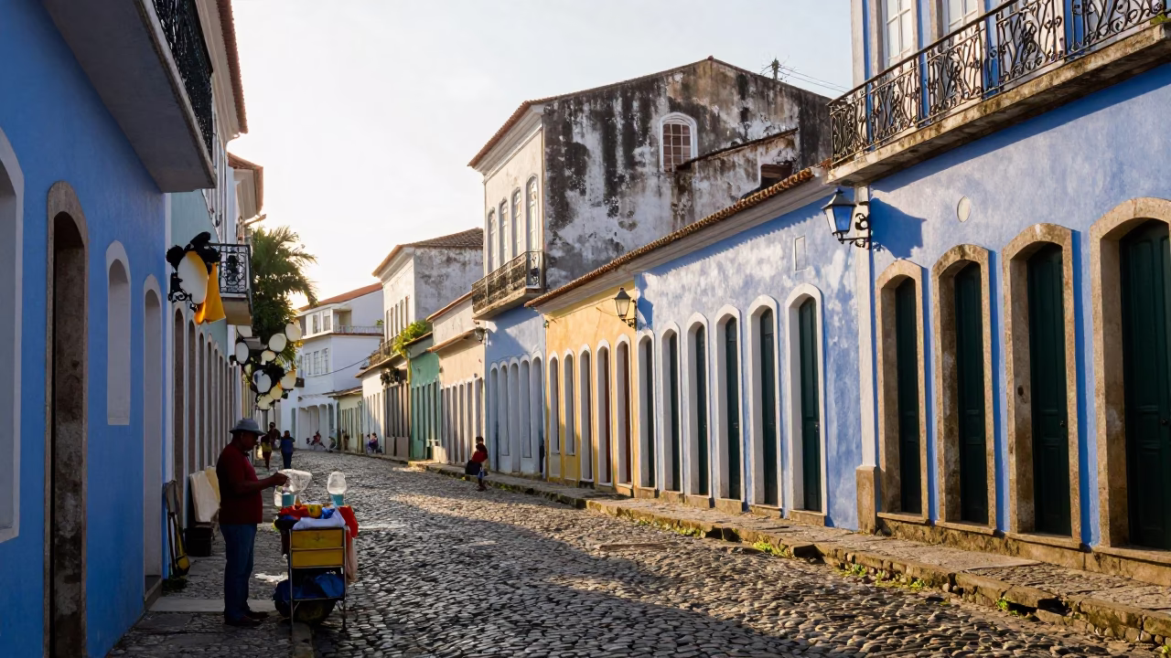 Sunlit Colonial Street in Salvador Brazil with Local Vendor and Glass Tumbler in in Salvador, Brazil