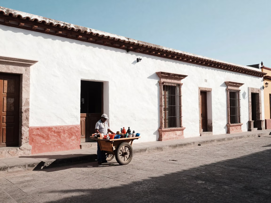 Sunlit Colonial Street Scene in Merida Mexico with Local Vendor and Traditional Pottery in in Merida, Mexico
