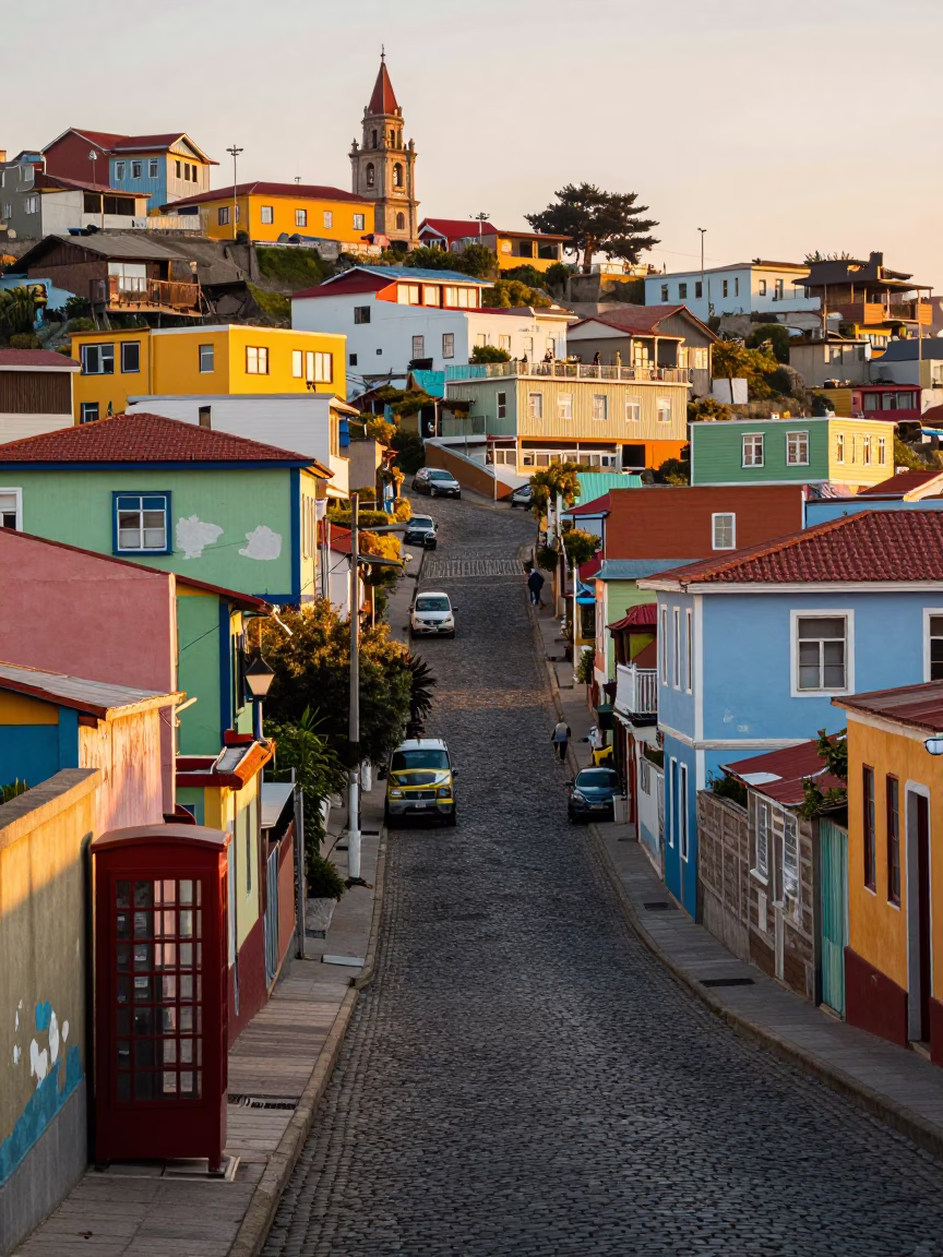 Sunlit Colorful Cerro Concepción Street with Vintage Telephone and Brushed Steel Details in in Valparaiso, Chile