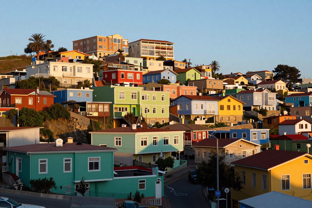 Sunlit Colorful Hillside Houses in Valparaiso Chile Morning Light in in Valparaiso, Chile