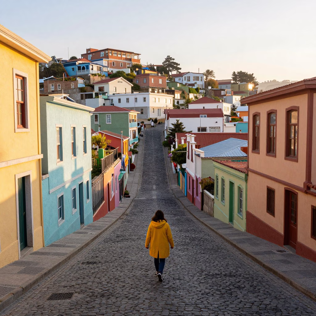 Sunlit Colorful Steep Street in Valparaiso Chile Morning Light on Winding Pavement in in Valparaiso, Chile