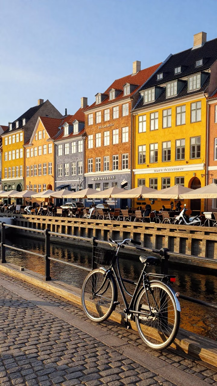 Sunlit Copenhagen Harbor Street Scene with Colorful Facades and Early Morning Activity in in Copenhagen, Denmark