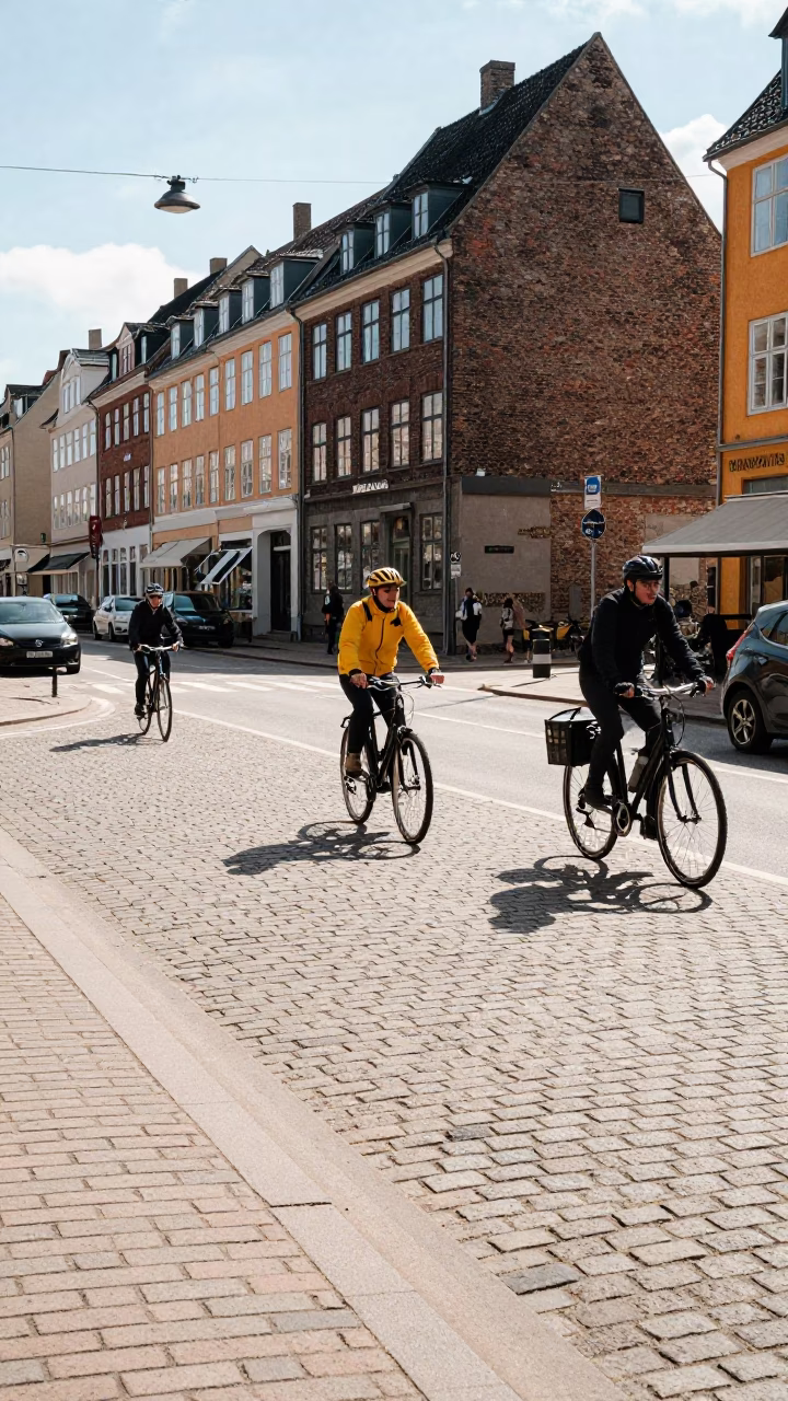 Sunlit Copenhagen Street Scene with Cyclists and Historic Brick Architecture at Noon in in Copenhagen, Denmark