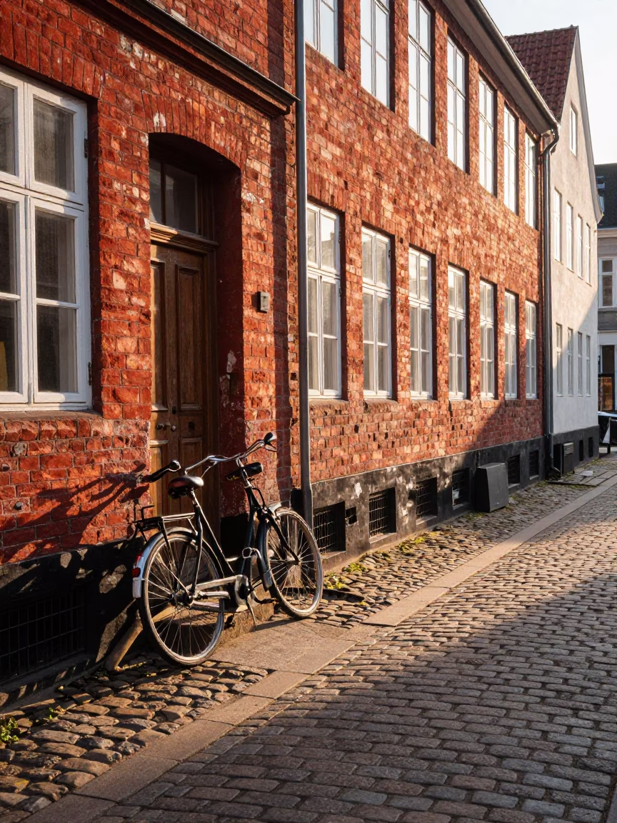 Sunlit Copenhagen Street Scene with Vintage Bicycle and Morning Coffee Cup in in Copenhagen, Denmark