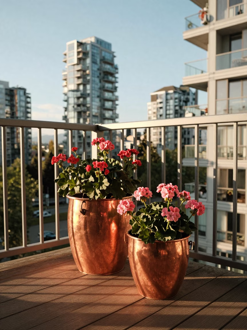 Sunlit Copper Pots and Geraniums on Vancouver Balcony Late Afternoon in in Vancouver, British Columbia, Canada