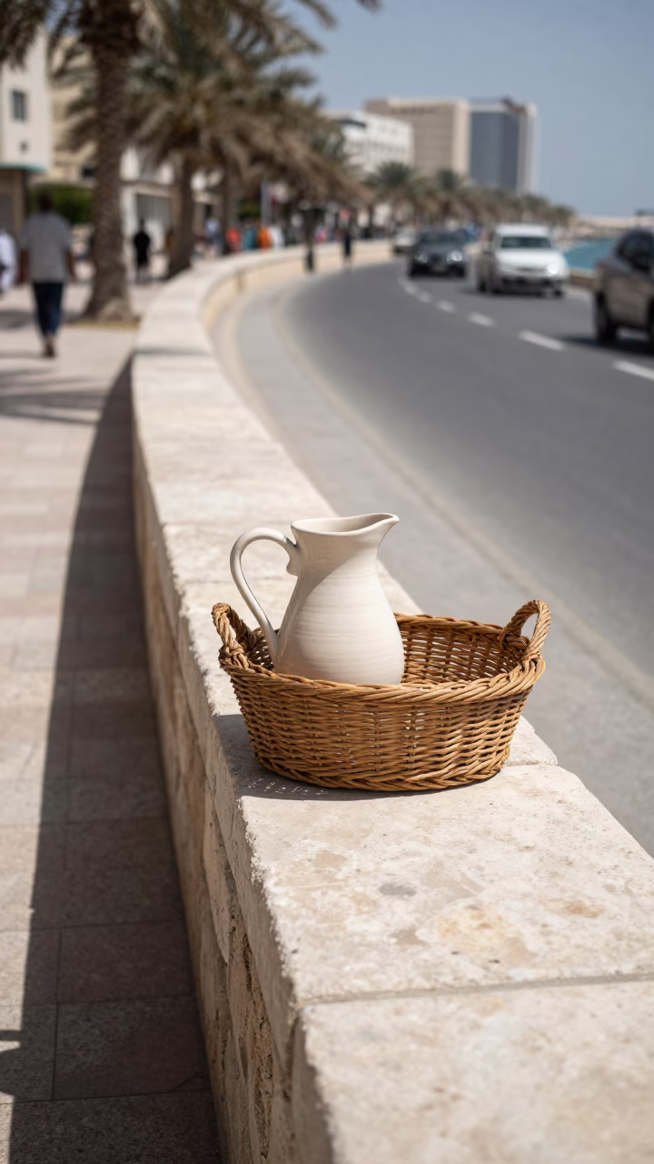 Sunlit Corniche Promenade in Muscat Oman with Ceramic Pitcher and Wicker Basket in in Muscat, Oman