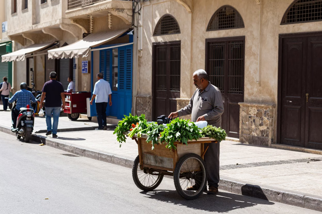 Sunlit Corniche Street Scene in Alexandria Egypt with Local Vendor and Passersby in in Alexandria, Egypt