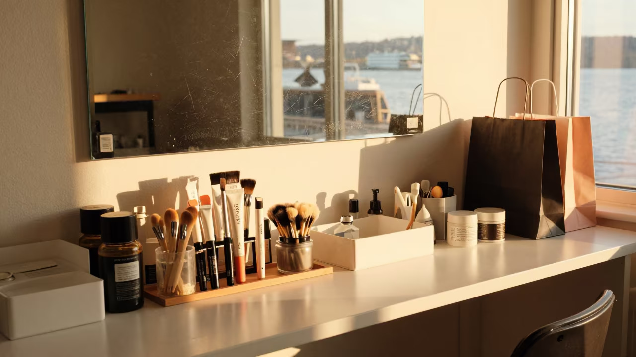 Sunlit Cosmetics Counter with Tester Brushes in Anchorage in at a cash wrap counter with bags stacked nearby near Anchorage