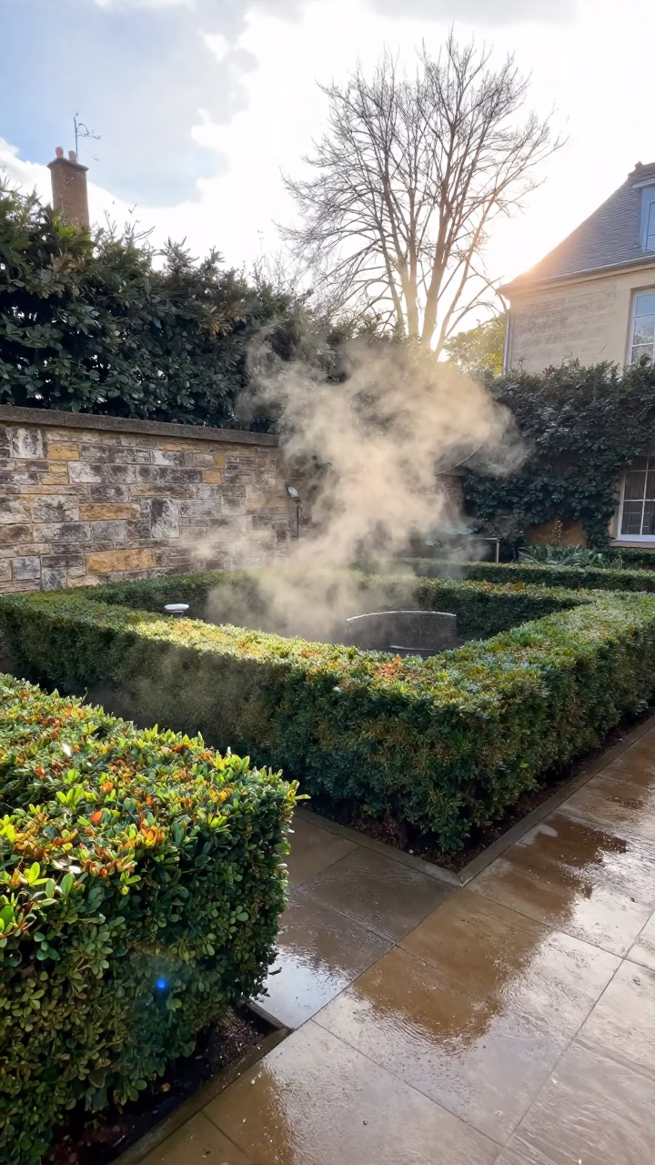Sunlit Courtyard in Lyon France with Boxwood Hedges and Steam Rising from Tile Floor in in Lyon, France