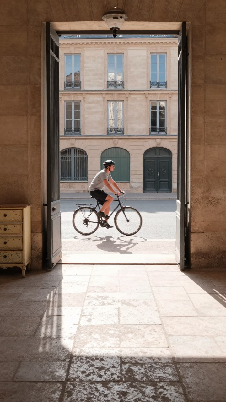 Sunlit Courtyard with Cyclist Passing Paint Flecked Drawer and Scarf in in Paris, France
