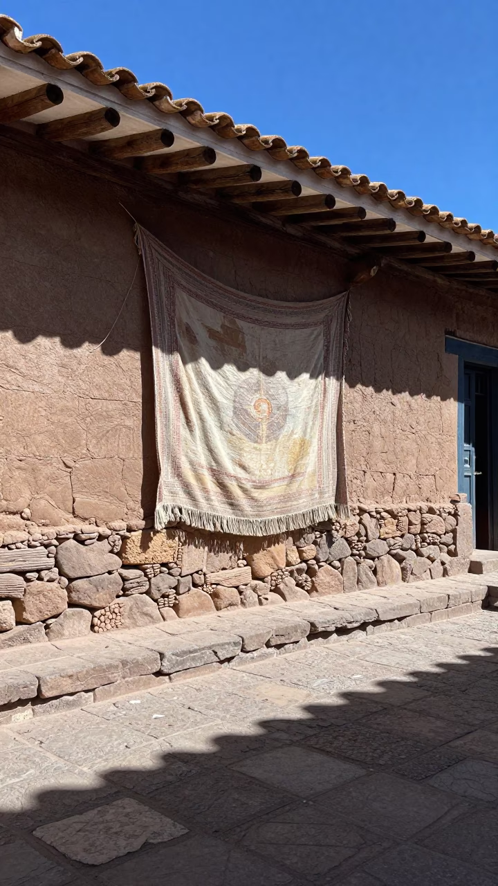 Sunlit Cusco Plaza Adobe Walls Dust Tapestry Hanging Midday Street Scene in in Cusco, Peru