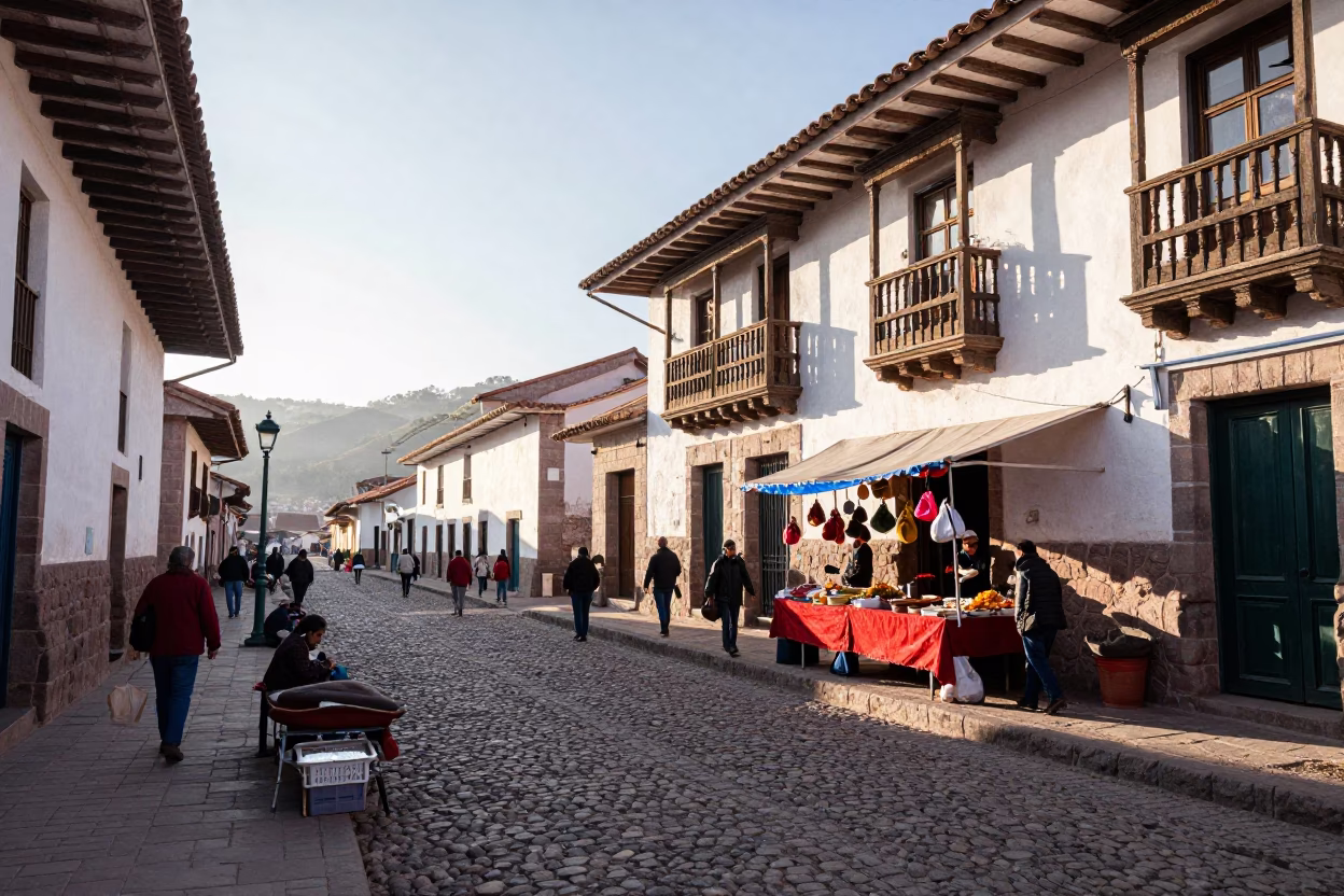 Sunlit Cusco Street Scene with Traditional Injera and Doro Wat Food Vendor in in Cusco, Peru