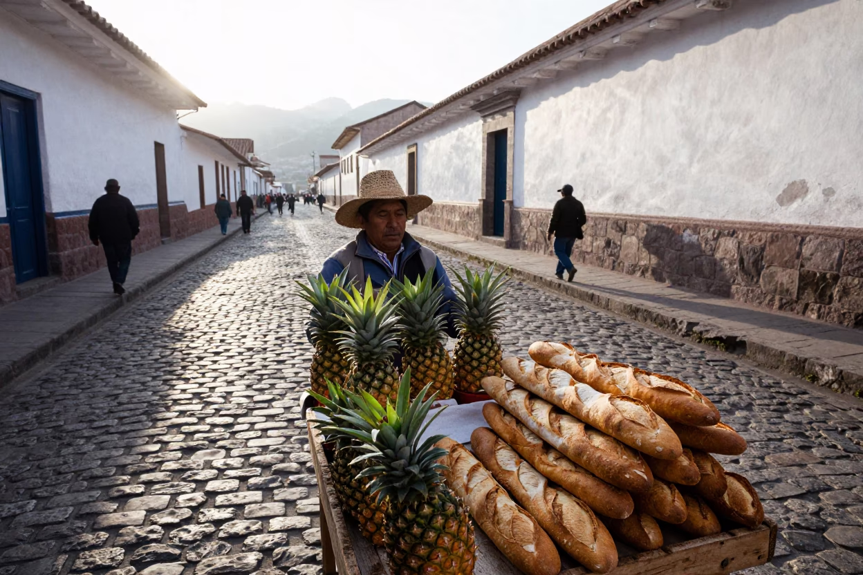 Sunlit Cusco Street Vendor Selling Pineapple Crowns and Baguettes in Historic Plaza in in Cusco, Peru