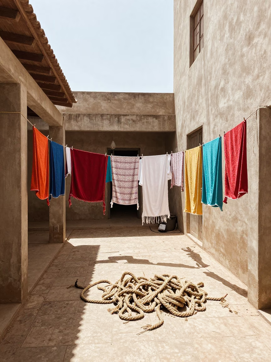 Sunlit Dakar Courtyard with Colorful Laundry Hanging on Wire Ropes in in Dakar, Senegal