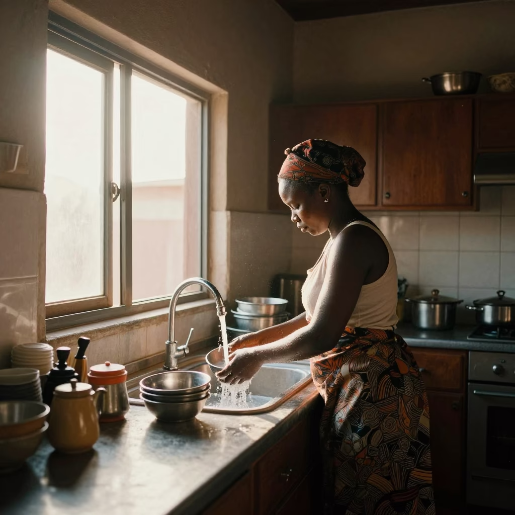 Sunlit Dakar Kitchen Interior With Woman Preparing Morning Tea in in Dakar, Senegal