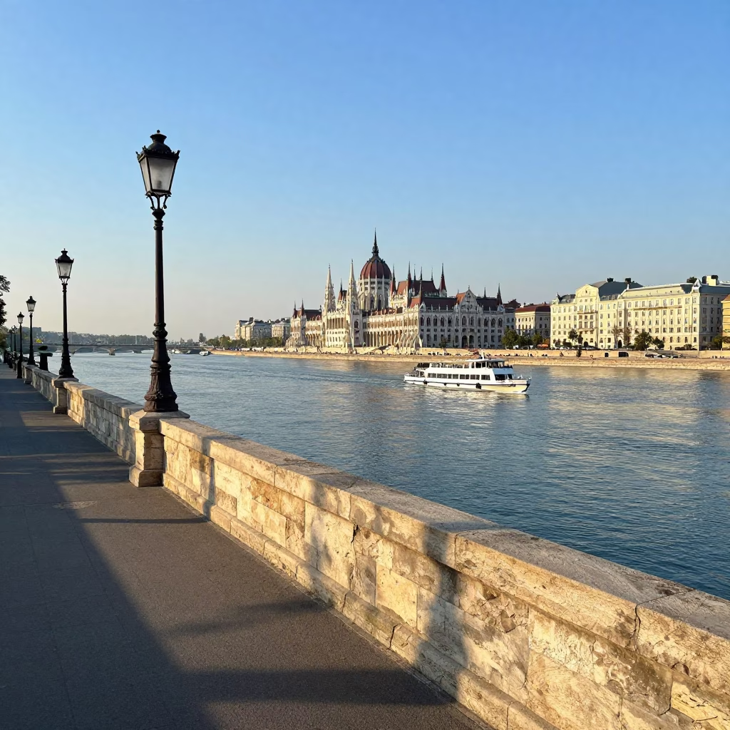 Sunlit Danube Promenade in Budapest with Traditional Architecture and River Traffic in in Budapest, Hungary