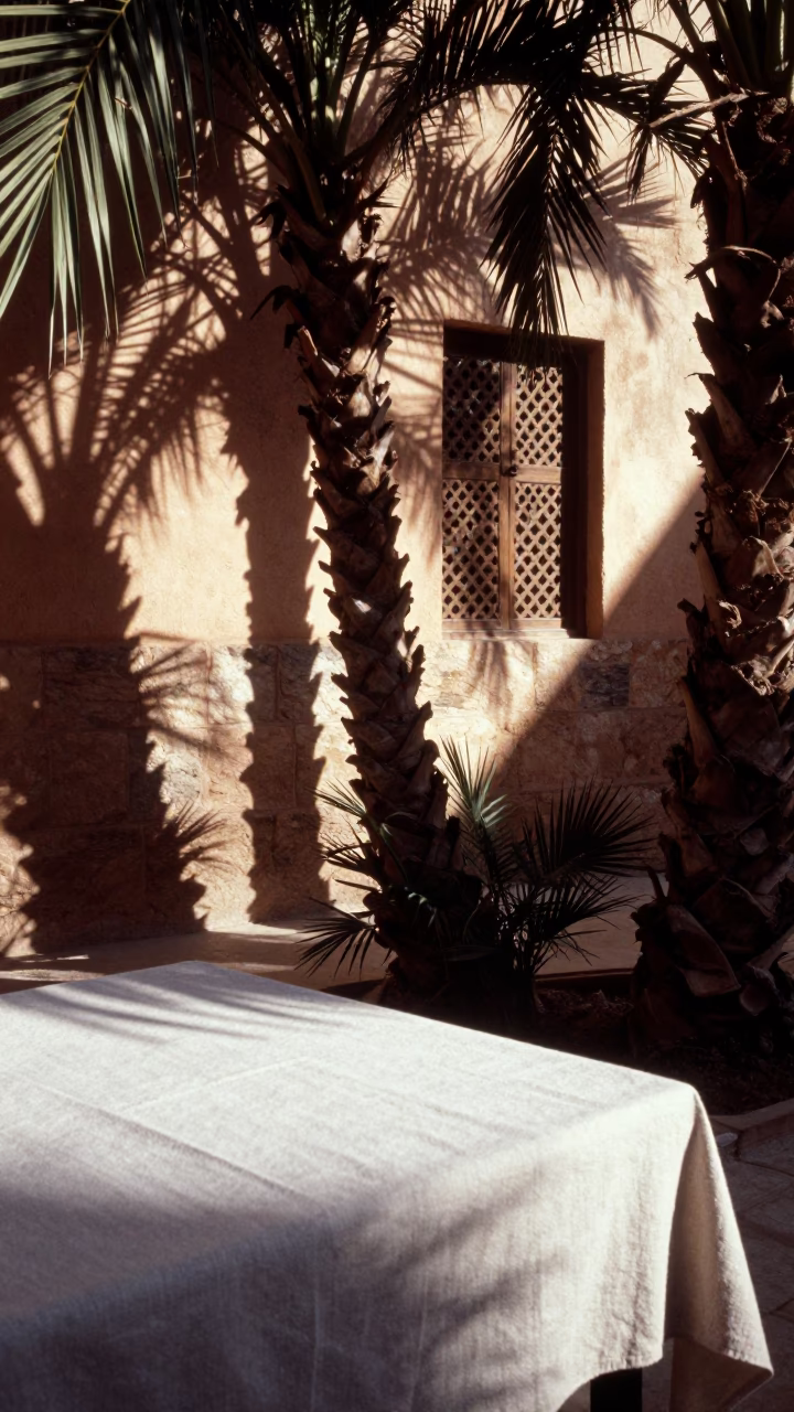 Sunlit Date Palm Clusters and Linen Table Edge in Marrakech Medina in in Marrakech, Morocco