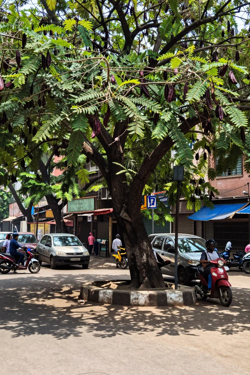 Sunlit Delhi Street Corner with Tamarind Tree Pods and Scooter in in Delhi, India