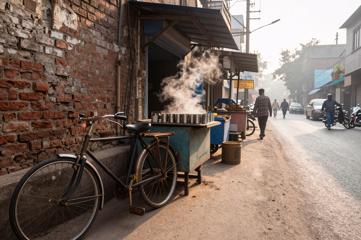 Sunlit Delhi Street Scene with Vintage Bicycles and Local Market Activity in in Delhi, India