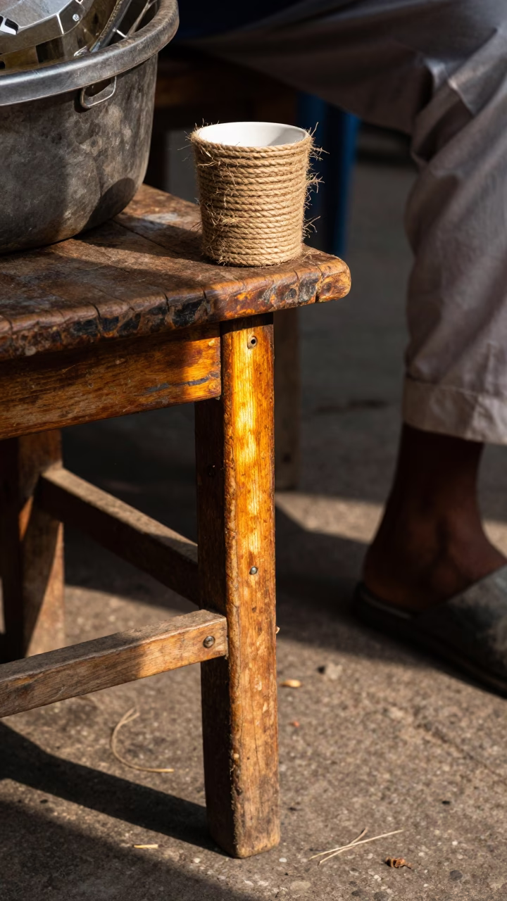 Sunlit Delhi Street Stall Late Morning with Twine and Wooden Stool Details in in Delhi, India