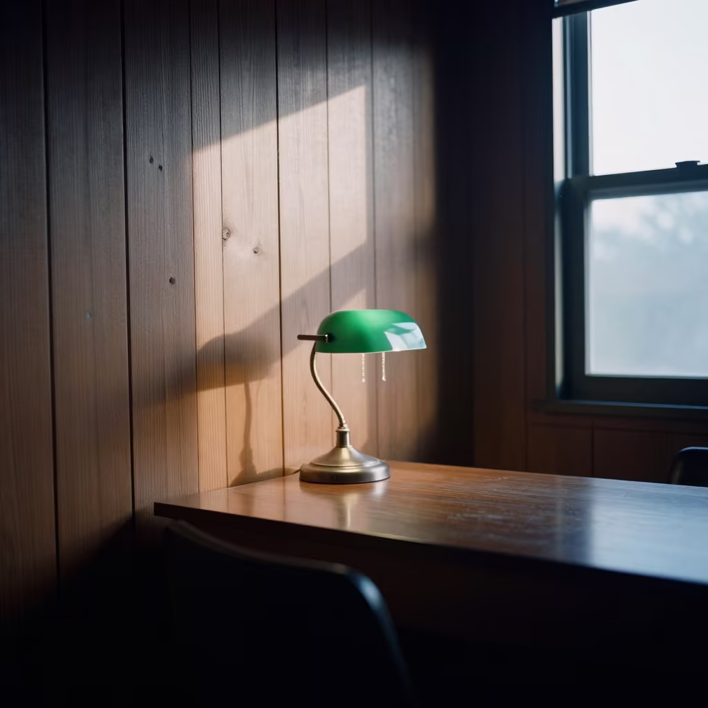 Sunlit Den with Green Lamp and Wood Paneling in in a sunlit living room near Vizianagaram