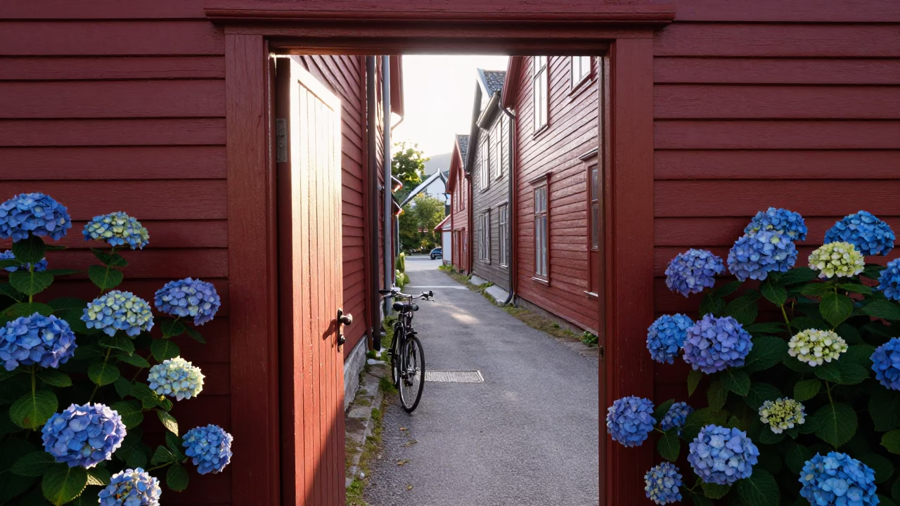 Sunlit Doorframe and Hydrangeas in Historic Bergen Norway Morning in in Bergen, Norway