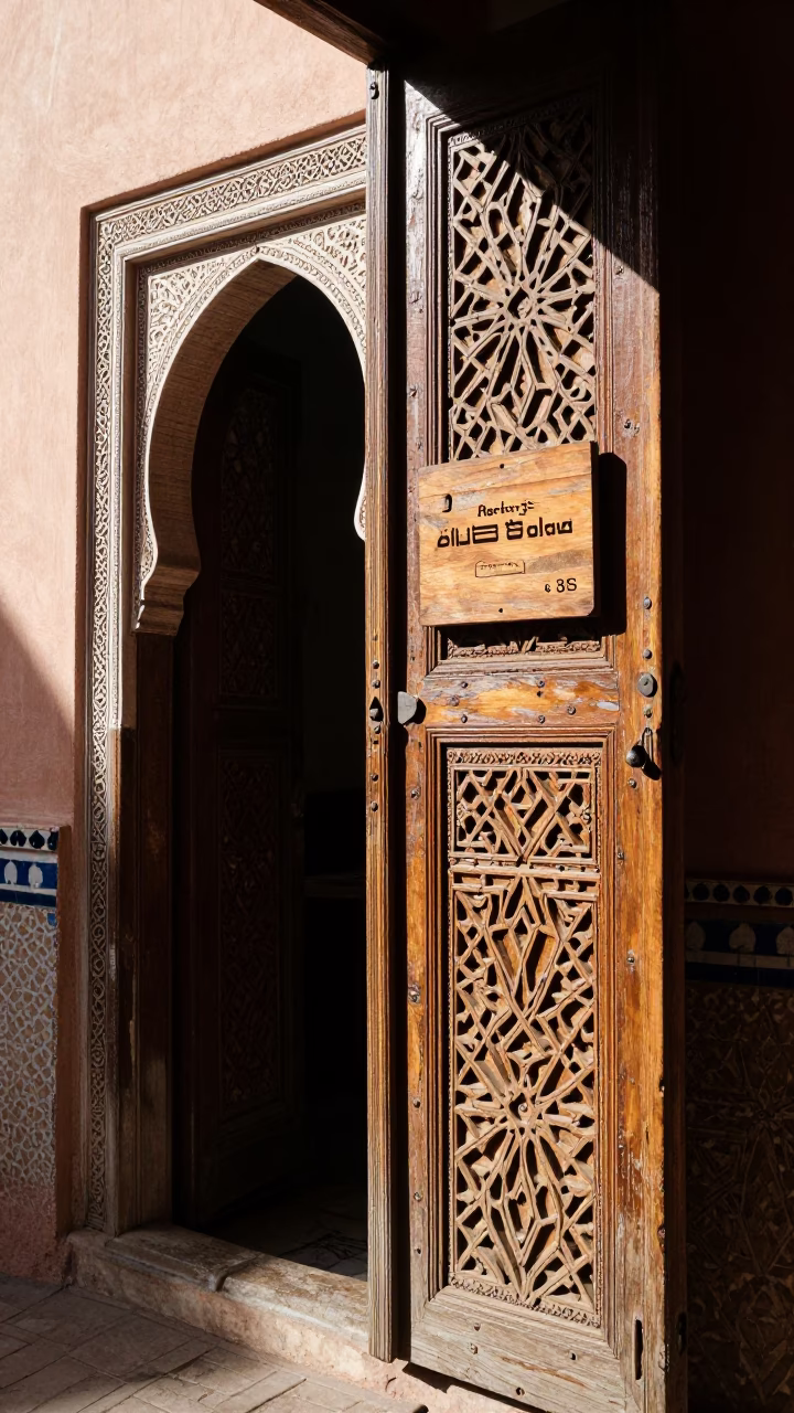 Sunlit Doorframe Detail in Marrakech Medina with Wooden Plate and Berry in in Marrakech, Morocco