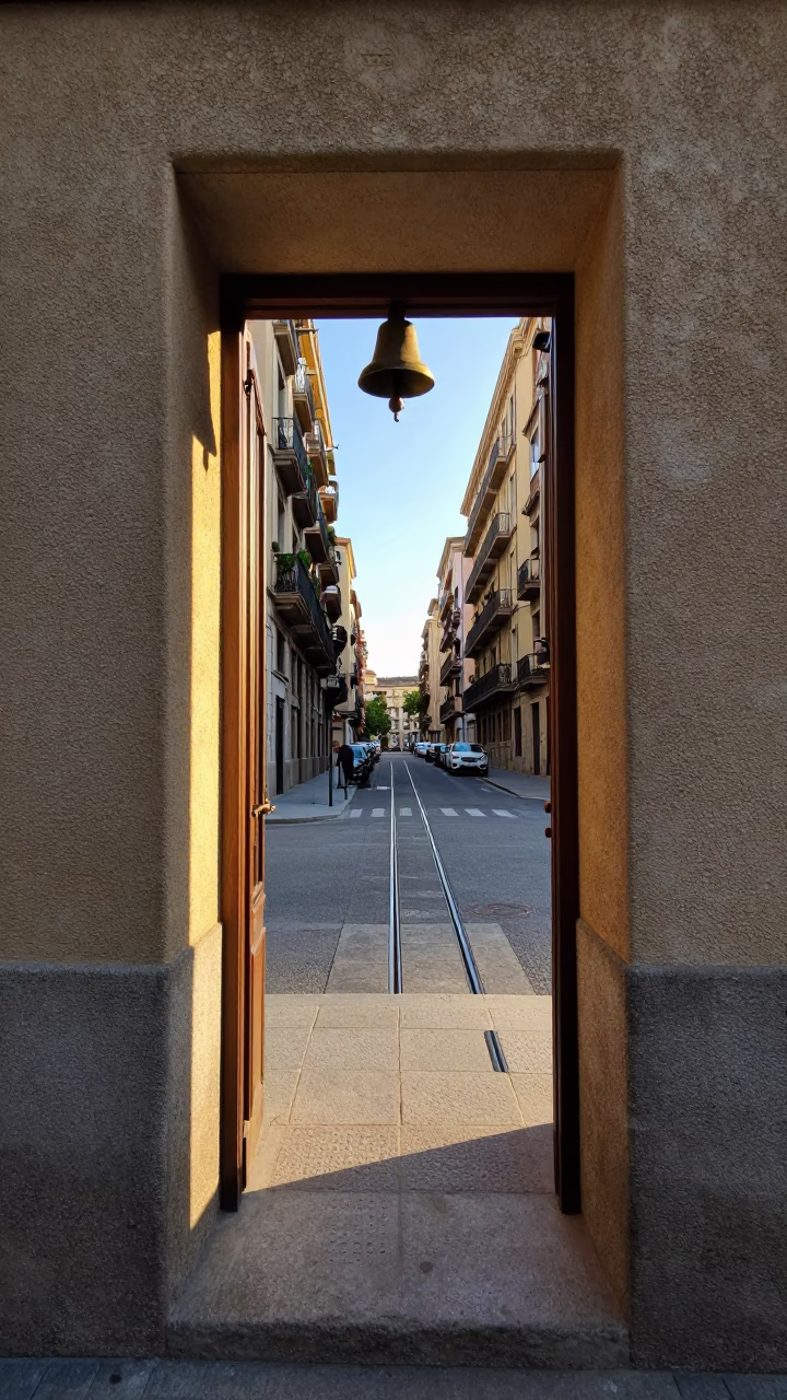 Sunlit Doorway and Funicular View in Barcelona Spain Early Morning Light in in Barcelona, Spain