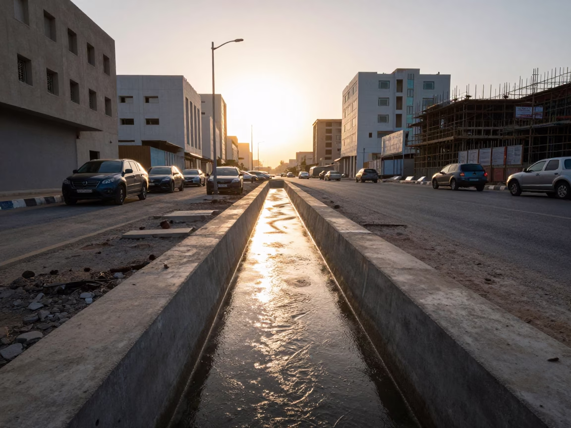 Sunlit Drainage Channel and Construction Site in Muscat Oman Morning in in Muscat, Oman