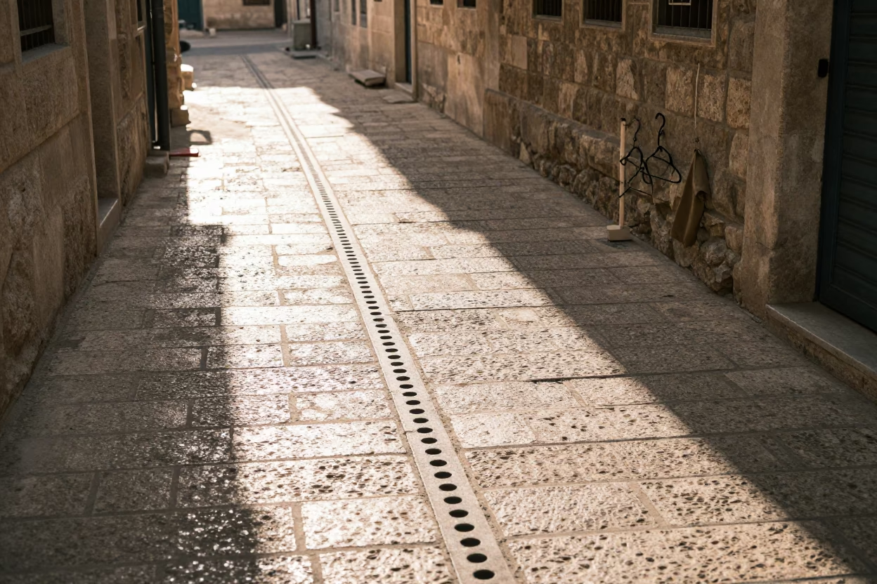 Sunlit Drainage Stripe and Shirt Hanger in Amman Jordan Early Afternoon Street Scene in in Amman, Jordan