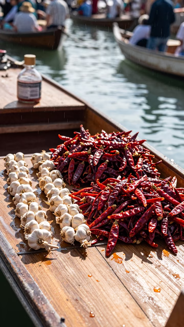 Sunlit Dried Chilies Garlic Braid Market Boat in at a floating market boat in Adıyaman