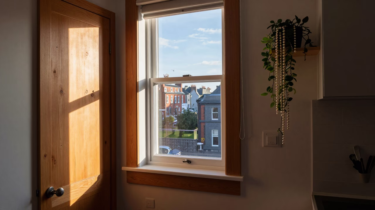 Sunlit Dublin Kitchen Interior with Window Light and Domestic Details in in Dublin, Ireland