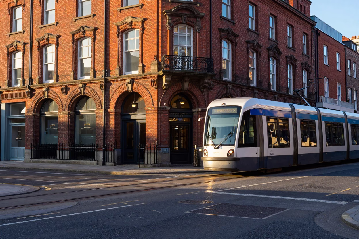 Sunlit Dublin Street Scene with Tram Passing Art Nouveau Facades After Sunrise in in Dublin, Ireland