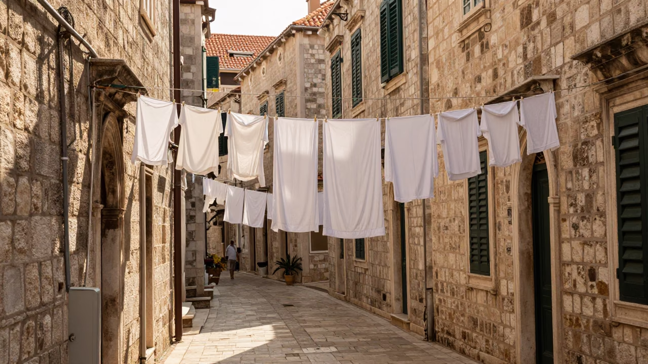 Sunlit Dubrovnik alleyway with hanging laundry and historic stone walls in in Dubrovnik, Croatia