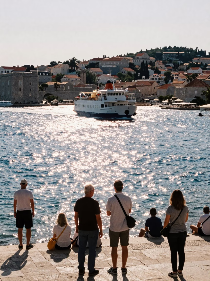 Sunlit Dubrovnik Harbor Scene with Ferry Departure and Coastal Mountains in in Dubrovnik, Croatia