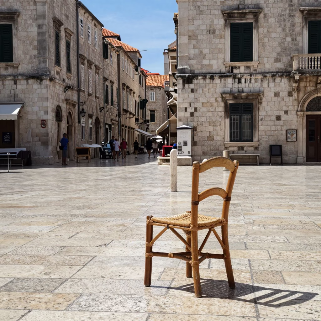 Sunlit Dubrovnik Old Town Square with Rattan Chair and Houseplants in in Dubrovnik, Croatia