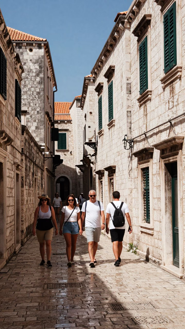 Sunlit Dubrovnik Old Town Stone Alleyway with Tourists and Traditional Architecture in in Dubrovnik, Croatia