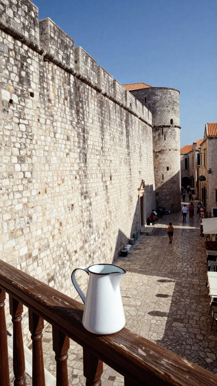 Sunlit Dubrovnik Old Town Stone Wall and Enamel Pitcher on Balcony Midday in in Dubrovnik, Croatia