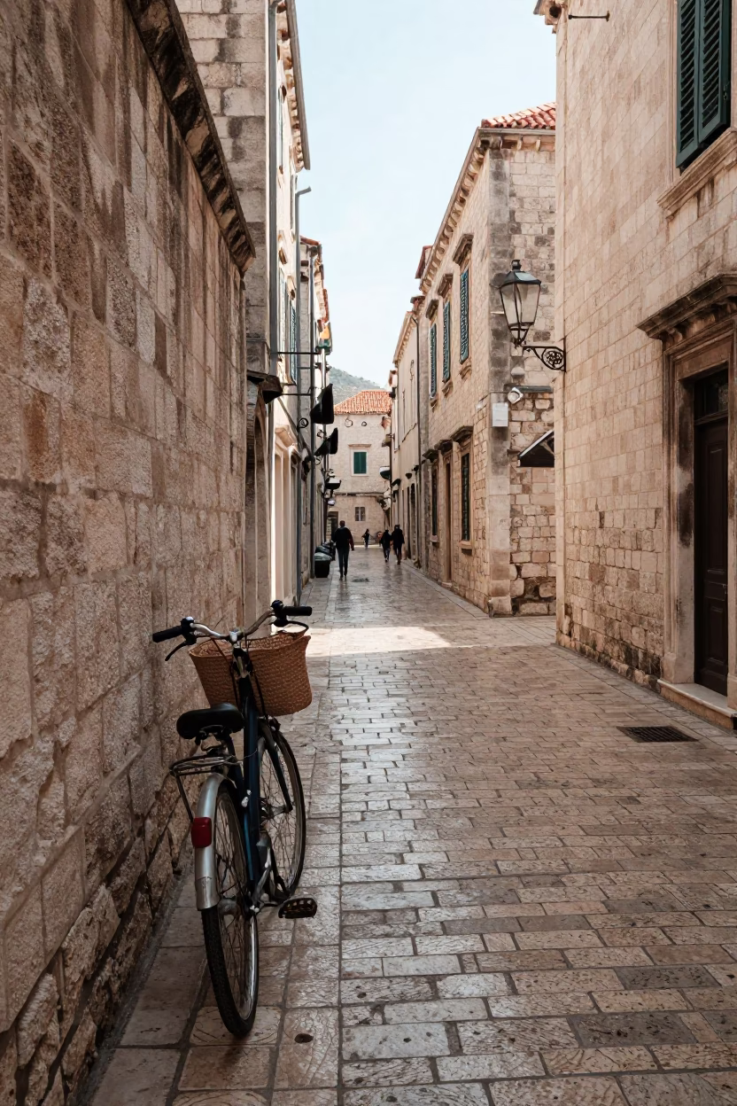 Sunlit Dubrovnik Old Town Street Scene with Bicycle and Local Architecture in in Dubrovnik, Croatia